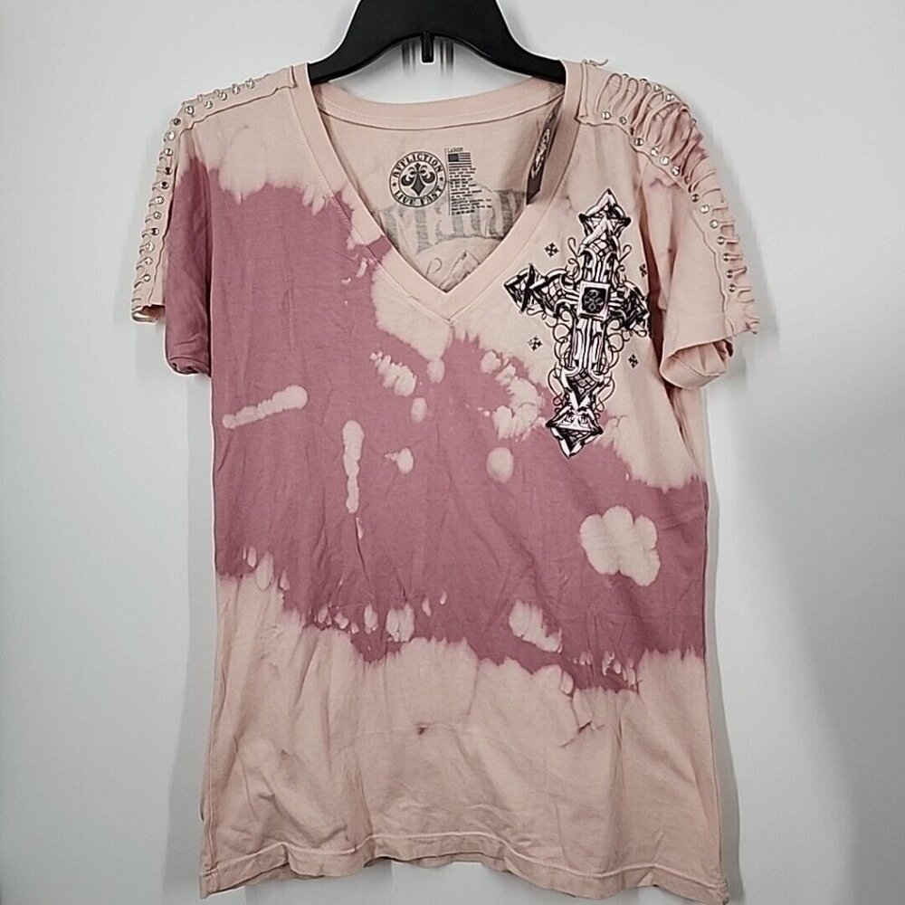 NEW Affliction Size Large Venetian Fleet T-Shirt Short Sleeve vneck pink cross